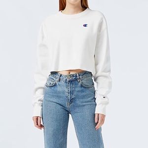 Champion Long Sleeve Boyfriend Cropped Reverse Weave Sweatshirt White Large